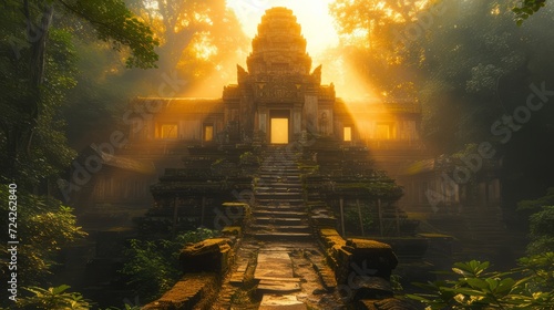 Fototapeta Naklejka Na Ścianę i Meble -  A scene capturing the essence of an exotic vacation destination, like a tropical rainforest or an ancient temple, with tourists exploring the sights