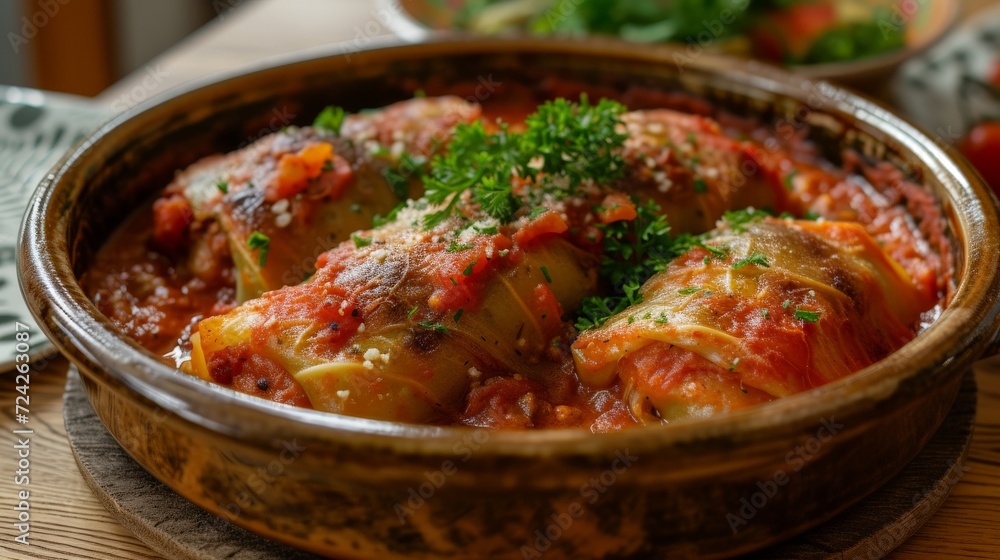 a casserole of cabbage rolls with tomatos in brown bowl 
