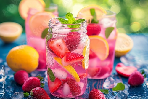 An array of vibrant jars filled with a refreshing blend of juicy strawberries, sweet berries, and fizzy soft drink, adorned with candy and accessorized with a cocktail garnish, ready to quench your t photo