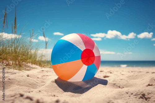 A vibrant beach ball bounces playfully against the warm sand as the sky above reflects the peacefulness of the cloud-filled horizon  inviting us to embrace the freedom and joy of the great outdoors