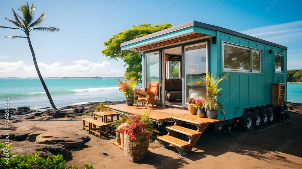 Tiny house on wheels by the sea with a palm tree, serene setting