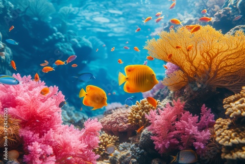 An underwater scene showing a vibrant coral reef, with colorful fish and marine life © Artem