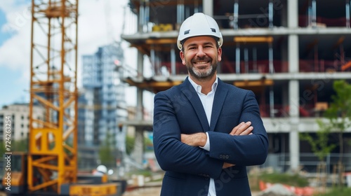 construction manager in front of building