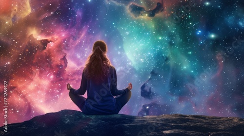 A tranquil woman meditating in a cosmic setting  surrounded by stars and nebulae  evoking peace and mindfulness.
