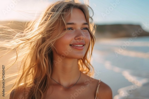A radiant beach model with long, sun-kissed surfer hair and a genuine smile, perfectly captures the essence of carefree summer days and effortless fashion in this outdoor photo shoot