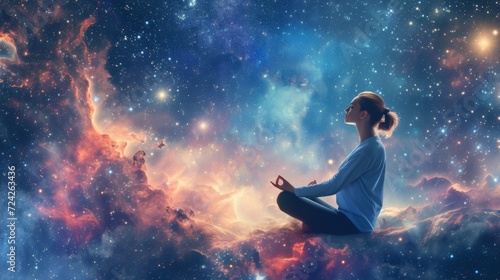 A tranquil woman meditating in a cosmic setting, surrounded by stars and nebulae, evoking peace and mindfulness. © mashimara