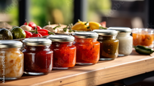Homemade pureed pickled vegetables in glass jars. Autumn food harvesting from vegetable garden.