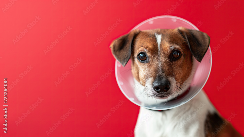 Portrait of a Jack Russell Terrier dog wearing a veterinary medical collar on a red background with copy space. Concept of veterinary and pet care Portrait of a Jack Russell Terrier dog wearing a veterinary medical collar on a red background with copy space. Concept of veterinary and pet care