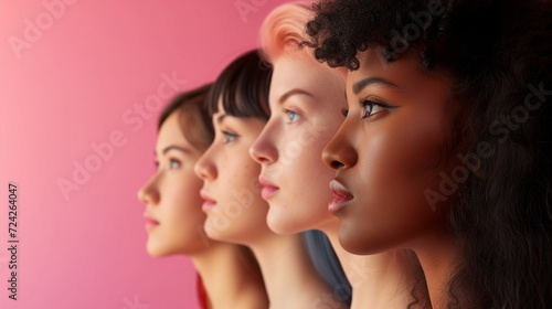 group of women from different ethnicities fighting for their rights. pink background. concept of feminism