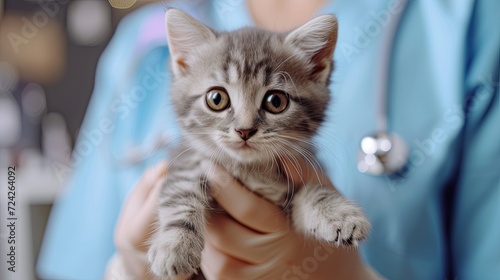 Cute little kitten in the hands of a veterinarian