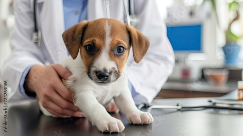 Jack russell terrier puppy in the hands of a veterinarian