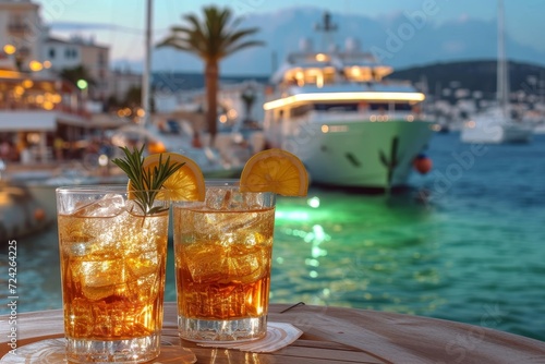 Amidst the salty breeze and warm sand, two glasses of refreshing ice tea adorned with lemon and rosemary await on a rustic table, a perfect companion for a relaxing day by the beach or on a boat