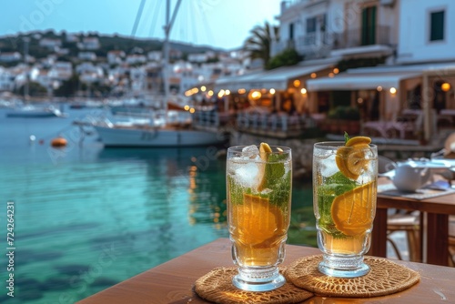 Two glasses of cool liquid, one filled with refreshing water and the other a fruity cocktail, sit on a wooden table in the warm summer sun, evoking feelings of relaxation and vacation vibes