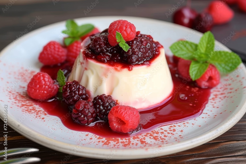 A decadent dessert, overflowing with a vibrant medley of sweet and tangy berries, sits upon a pristine white plate, invitingly beckoning with layers of creamy dairy, juicy fruits, and a sprinkle of p A decadent dessert, overflowing with a vibrant medley of sweet and tangy berries, sits upon a pristine white plate, invitingly beckoning with layers of creamy dairy, juicy fruits, and a sprinkle of p
