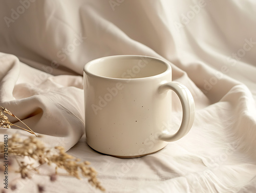 A 3d Realistic Mug Mockup in beige color on a cream-colored fabric that unfolds from the background with a flower decoration beside the mug. Aesthetic Mug Mockup. Created with Generative AI.