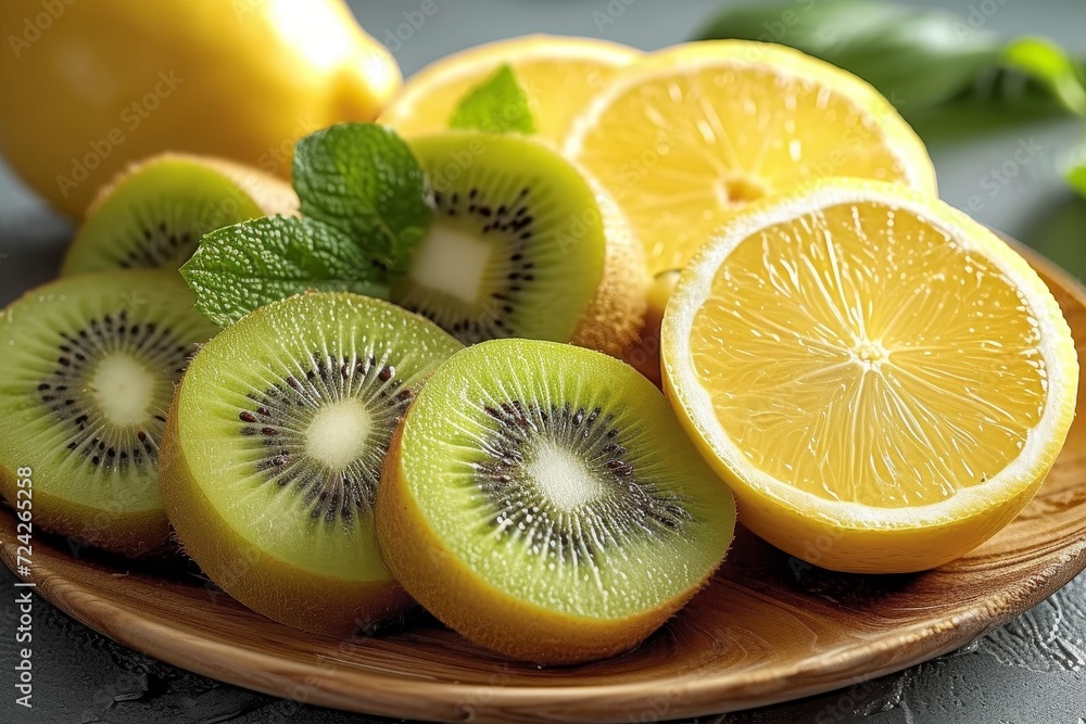 Vibrant, fresh produce adorns the table in a display of nature's bounty, including succulent kiwi and tangy meyer lemon, promoting a wholesome, plant-based lifestyle Vibrant, fresh produce adorns the table in a display of nature's bounty, including succulent kiwi and tangy meyer lemon, promoting a wholesome, plant-based lifestyle