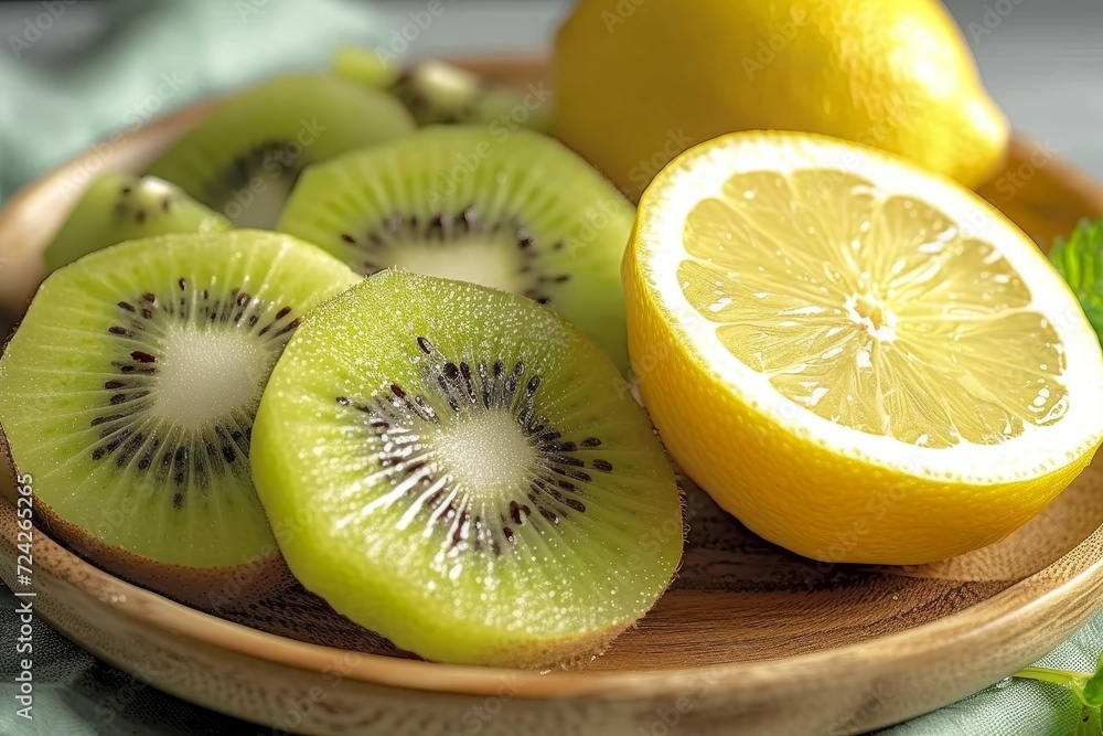 A vibrant display of nutrient-packed produce, featuring kiwi and meyer lemon, exudes a refreshing and wholesome essence on the rustic table A vibrant display of nutrient-packed produce, featuring kiwi and meyer lemon, exudes a refreshing and wholesome essence on the rustic table