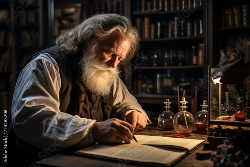 A pharmacist consulting an ancient medical text, representing the historical roots of pharmacology. Concept of historical knowledge in pharmacy. Generative Ai. © Sebastian