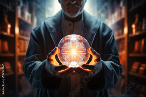 A pharmacist's hands surrounded by a halo of light, holding a lifesaving medication, symbolizing the sanctity of their work. Concept of reverence in pharmacy. Generative Ai.