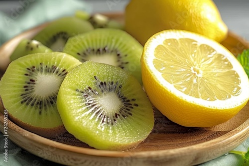 A vibrant display of nutrient-packed produce, featuring kiwi and meyer lemon, exudes a refreshing and wholesome essence on the rustic table photo