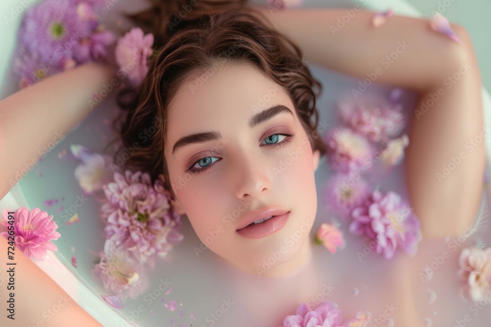 A young woman embraces self-care and femininity as she luxuriates in a bathtub adorned with delicate pink flowers during a photo shoot, her human face radiant and framed by long eyelashes A young woman embraces self-care and femininity as she luxuriates in a bathtub adorned with delicate pink flowers during a photo shoot, her human face radiant and framed by long eyelashes