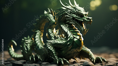 Green dragon symbol of chinese new year  tatsu  Eastern mythology  strength  wisdom and good luck. imperial authority and celestial energy culture and folklore zodiac sign banner poster copy space.