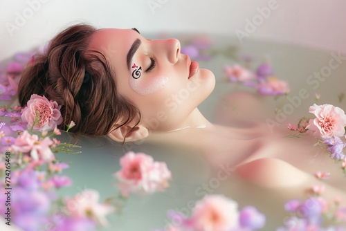 A serene girl submerges herself in a bathtub of flowers, creating an ethereal indoor oasis against the backdrop of a wall