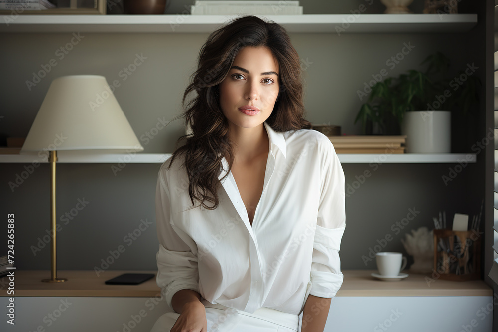 Latina brunette confident in white shirt and white pants standing in front of a well organized rack Latina brunette confident in white shirt and white pants standing in front of a well organized rack