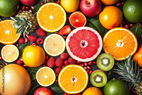 A vibrant group of nutrient-packed fruits  bursting with flavor and freshness  from tangy citrus to sweet clementines  all locally grown and perfect for a healthy vegan diet