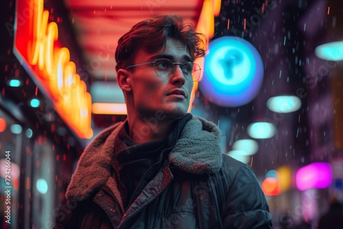 A solitary figure braves the storm, his face illuminated by the city lights as he stands in the rain, the only human amidst the buildings and streets