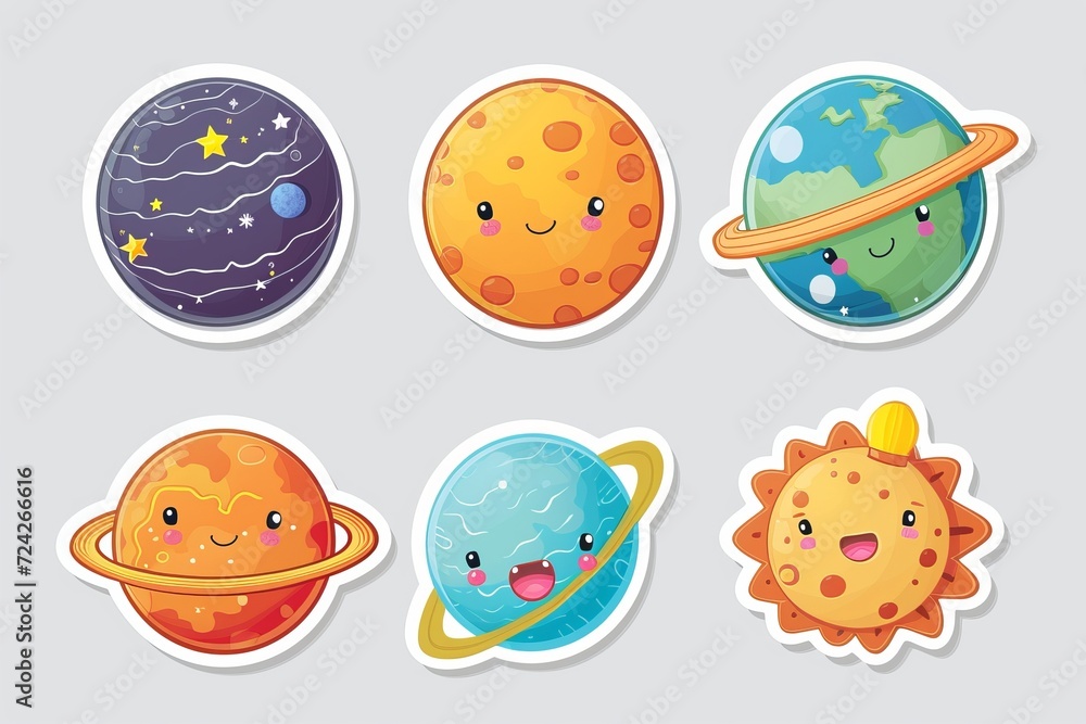 Whimsical planets playfully orbit in a vibrant and imaginative cartoon universe, inviting children to explore their creativity through colorful clipart illustrations