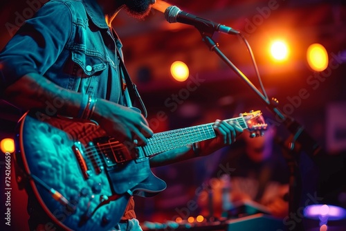 A talented musician captivates the audience with his electrifying performance, strumming his electric guitar on stage while the crowd cheers in excitement at the dynamic rock concert