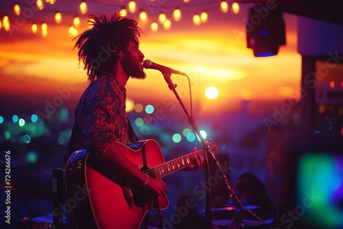 A passionate musician pours their heart out on stage, strumming their guitar and belting out lyrics into the microphone, captivating the audience at a lively concert