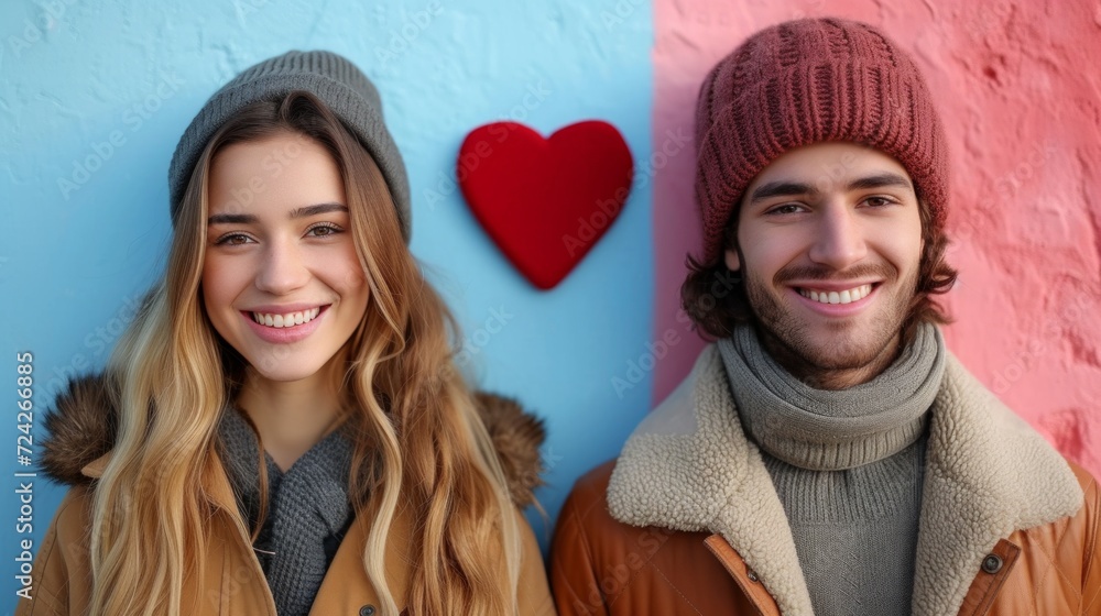 Young couple in warm clothes with heart on color background, closeup. Valentine's Day. Young couple in warm clothes with heart on color background, closeup. Valentine's Day.