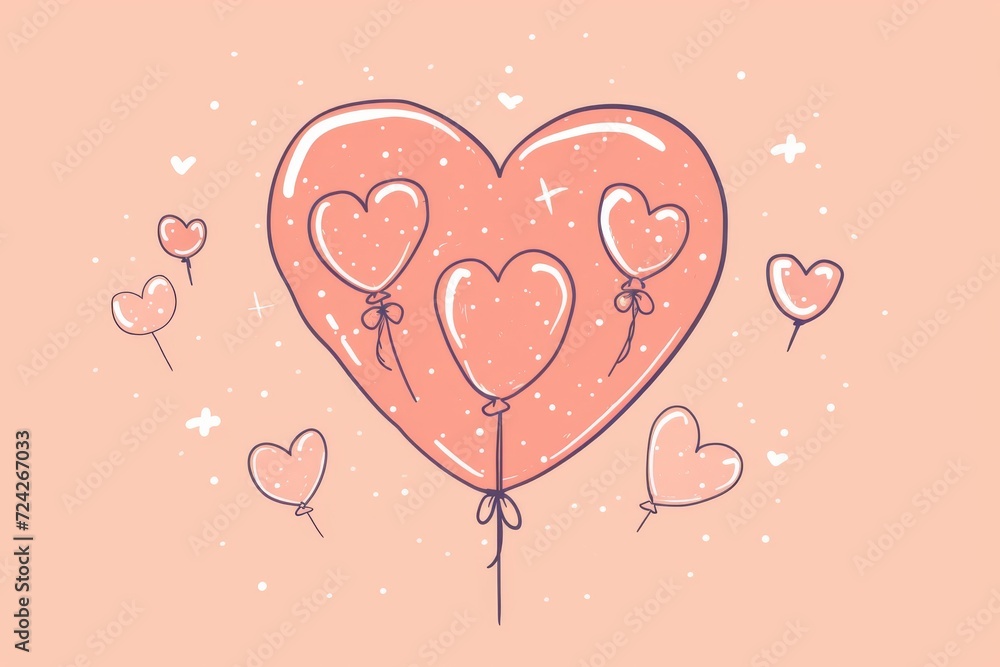 A whimsical illustration captures the joy and love of valentine's day with a heart-shaped balloon surrounded by a sea of colorful balloons, drawn in a charming cartoon style
