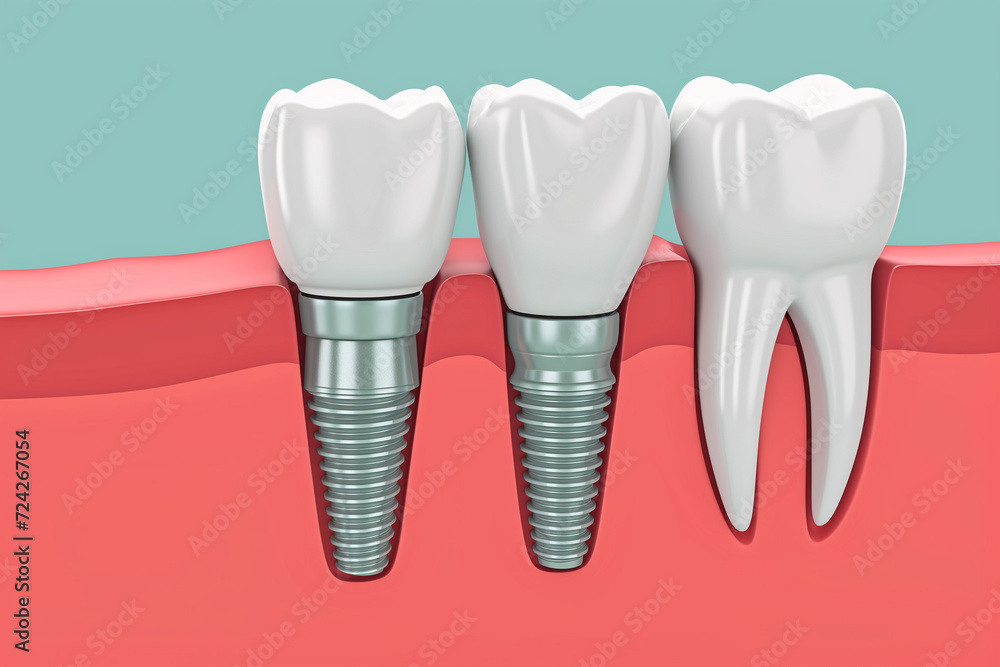 Schematic model of a dental implant and teeth in gums Schematic model of a dental implant and teeth in gums