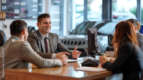 an advertisement photograph of a car salesman at a desk talking to customers, 