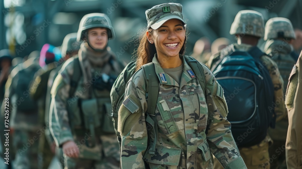 an advertisement photograph of a military walking on base, everyone is smiling an advertisement photograph of a military walking on base, everyone is smiling