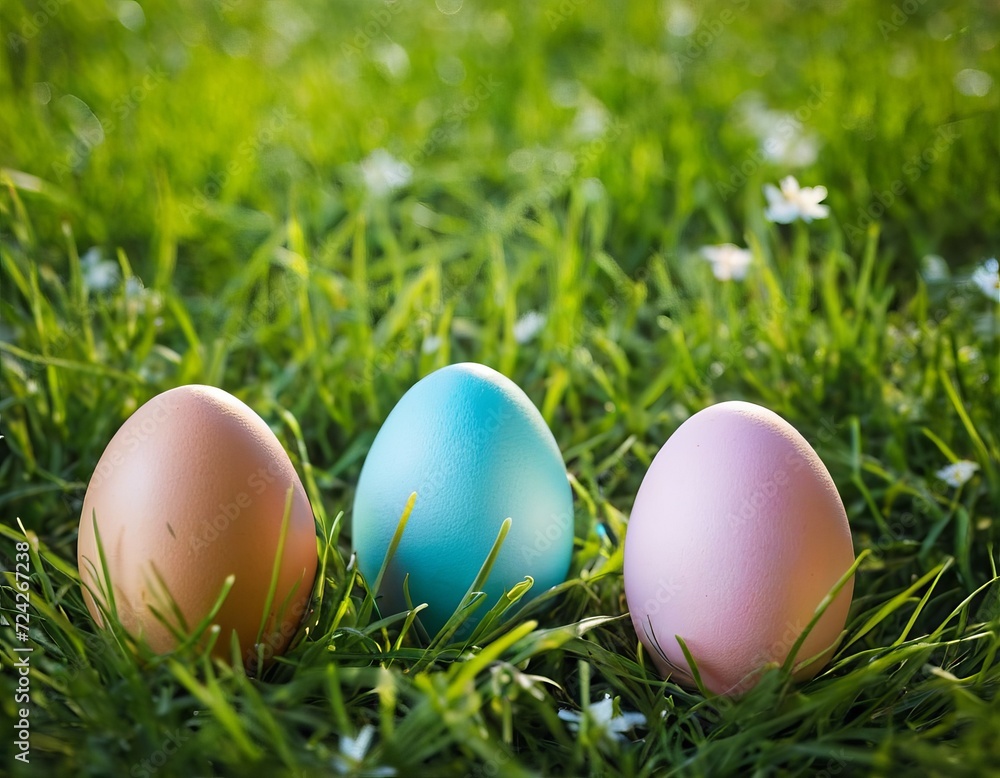 colorful easter eggs lie on the grass, illuminated by beautiful sunny yellow light