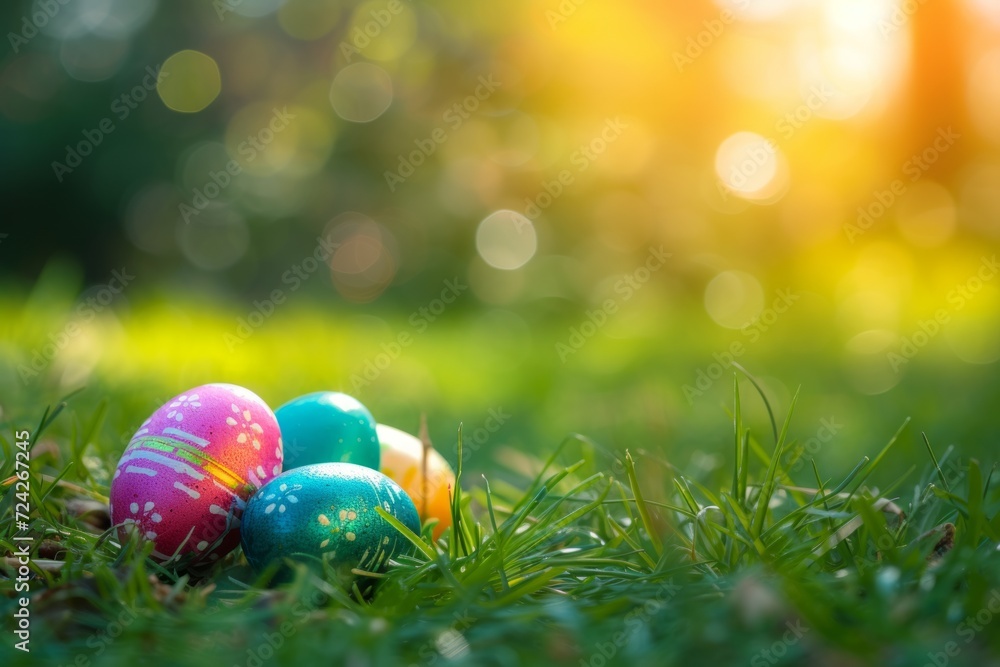 colorful easter eggs lie on the grass, illuminated by beautiful sunny yellow light