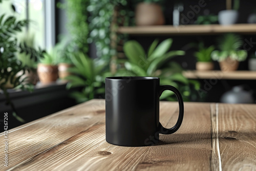 minimal white, gray, beige and black mugs. Mugs of coffee, tea and hot drinks on wooden floor surrounded by green plants and flowers. minimal textured patterns background.glass. 