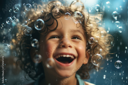 A child laughing amidst a shower of soap bubbles, capturing the essence of pure joy and innocence. Concept of childlike happiness. Generative Ai. © Sebastian