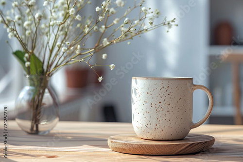 minimal white, gray, beige and black mugs. Mugs of coffee, tea and hot drinks on wooden floor surrounded by green plants and flowers. minimal textured patterns background.glass. 