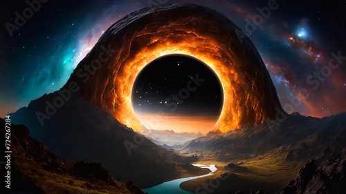 Astral Portal Through the Black Hole in Space Black Hole Portal Over a Majestic Mountain River