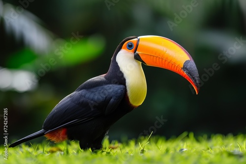 a colorful toucan stands on a grass © viktorbond