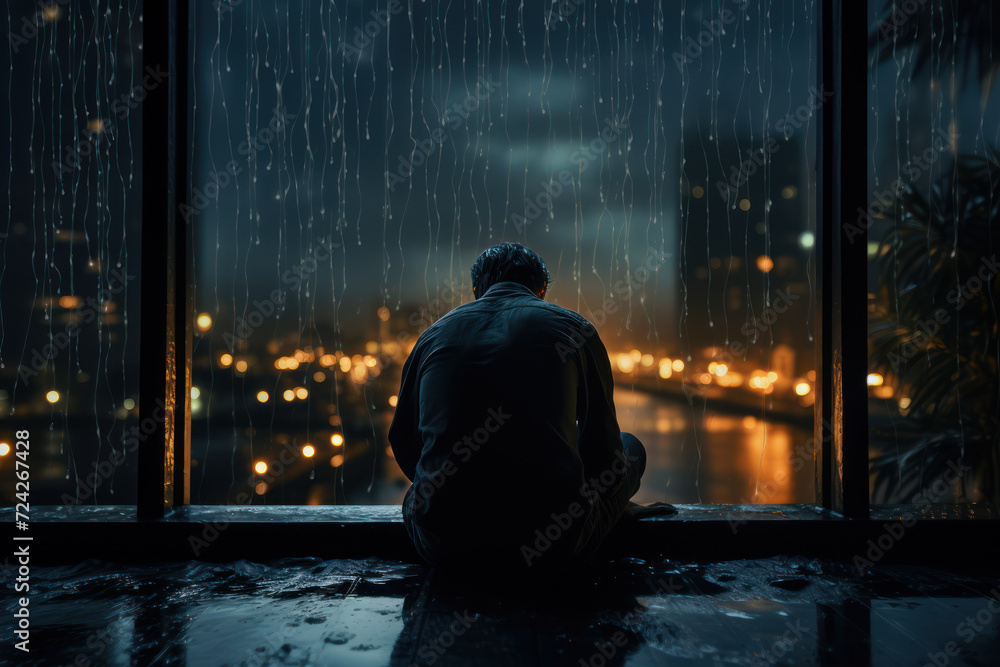A person sitting by a window with raindrops racing down, reflecting introspection and melancholy. Concept of reflective sadness. Generative Ai. A person sitting by a window with raindrops racing down, reflecting introspection and melancholy. Concept of reflective sadness. Generative Ai.