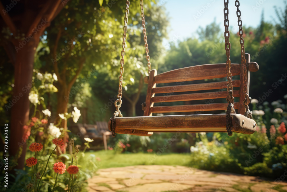 Naklejka premium An empty swing in a quiet garden, evoking a sense of nostalgia and lost childhood. Concept of nostalgia. Generative Ai.