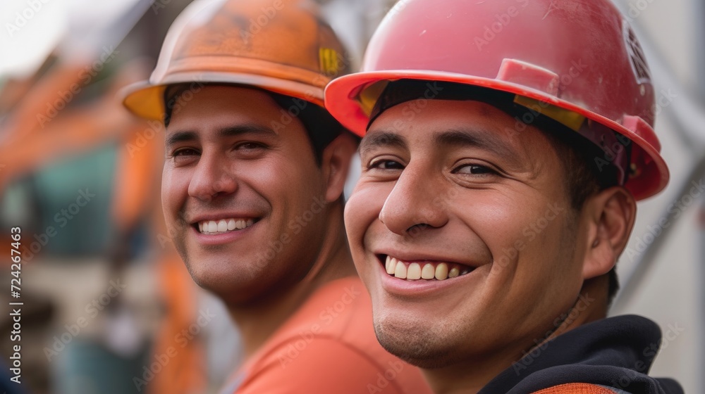 an advertisement photograph of two hispanic men wearing hard hats on a construction site an advertisement photograph of two hispanic men wearing hard hats on a construction site