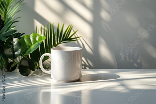 minimal white, gray, beige and black mugs. Mugs of coffee, tea and hot drinks on wooden floor surrounded by green plants and flowers. minimal textured patterns background.glass. 