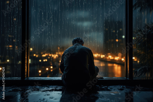 A person sitting by a window with raindrops racing down, reflecting introspection and melancholy. Concept of reflective sadness. Generative Ai.